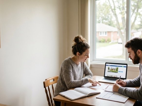 A young couple at a kitchen table reviewing first-home buyer program paperwork on a laptop in Windsor-Essex