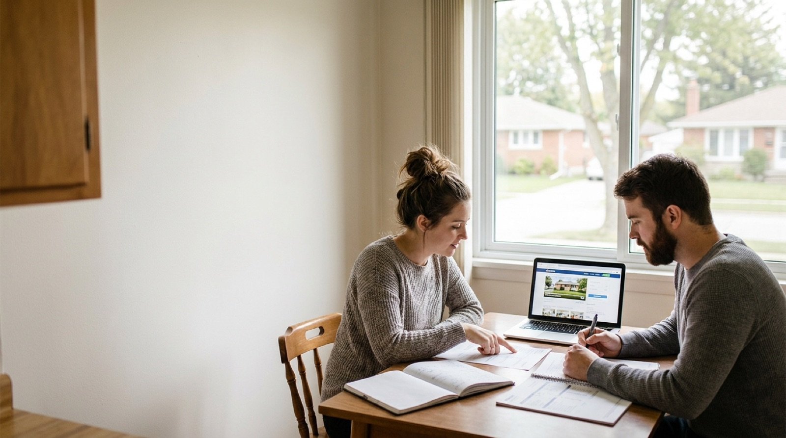 A young couple at a kitchen table reviewing first-home buyer program paperwork on a laptop in Windsor-Essex