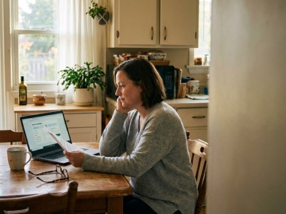 A Windsor-Essex homeowner at a kitchen table reviewing a mortgage renewal letter beside a laptop showing a rate calculator
