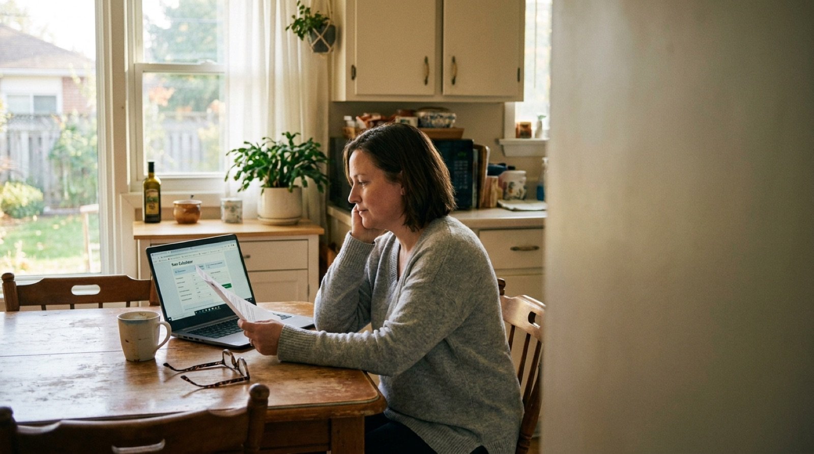A Windsor-Essex homeowner at a kitchen table reviewing a mortgage renewal letter beside a laptop showing a rate calculator